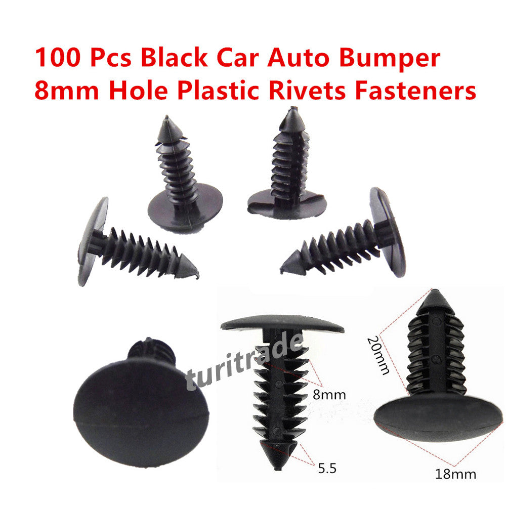 100 Pcs Black Plastic Rivets Fasteners 8mm Dia Hole for Car Auto Bumper Fender
