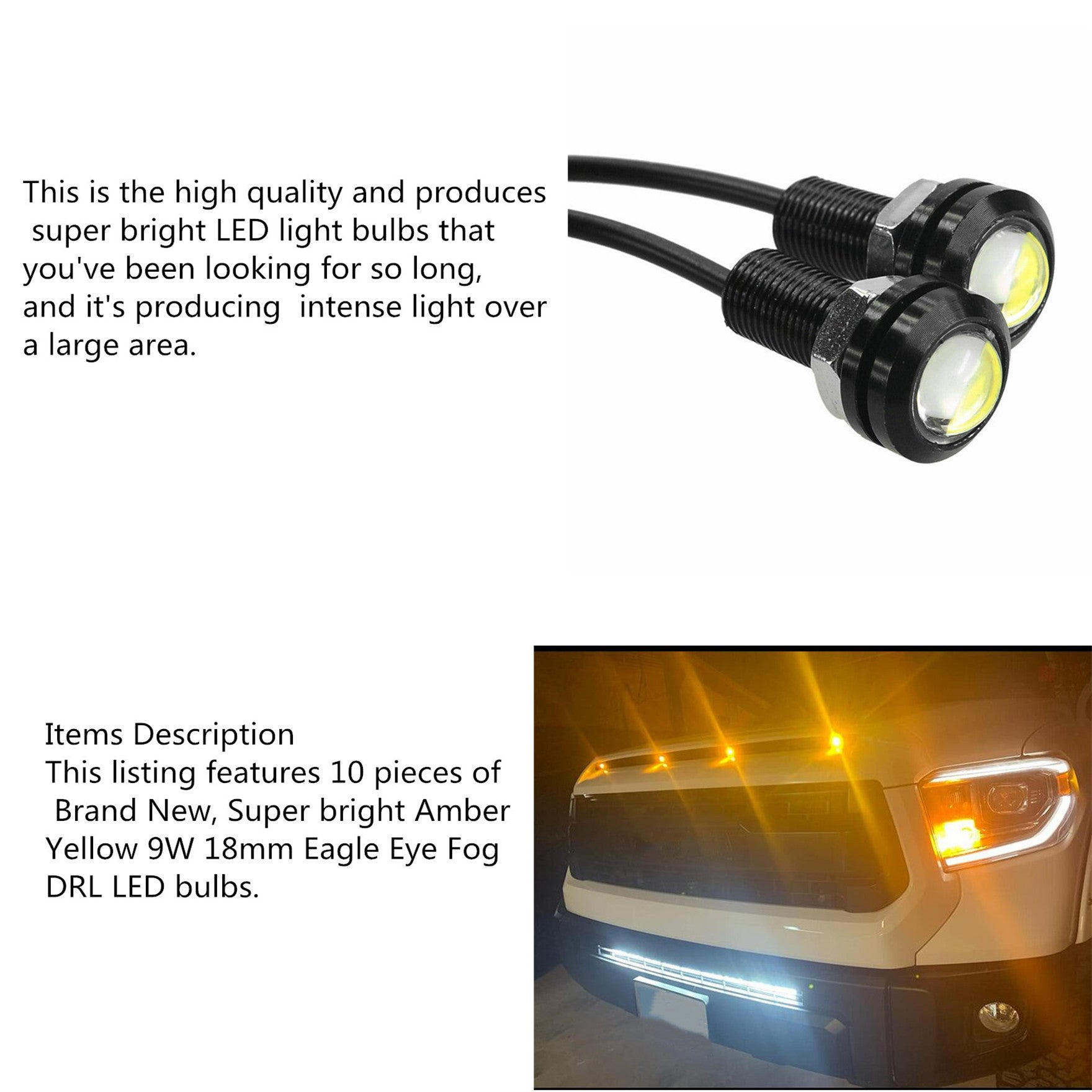 10PCS Amber Yellow 18MM Eagle Eye 9W LED Fog DRL Reverse Backup Light Car Motor