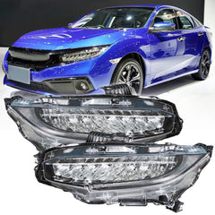 TOPPARTZ Right+Left Headlights For 2016-2019 Honda Civic Full LED DRL Clear Lens