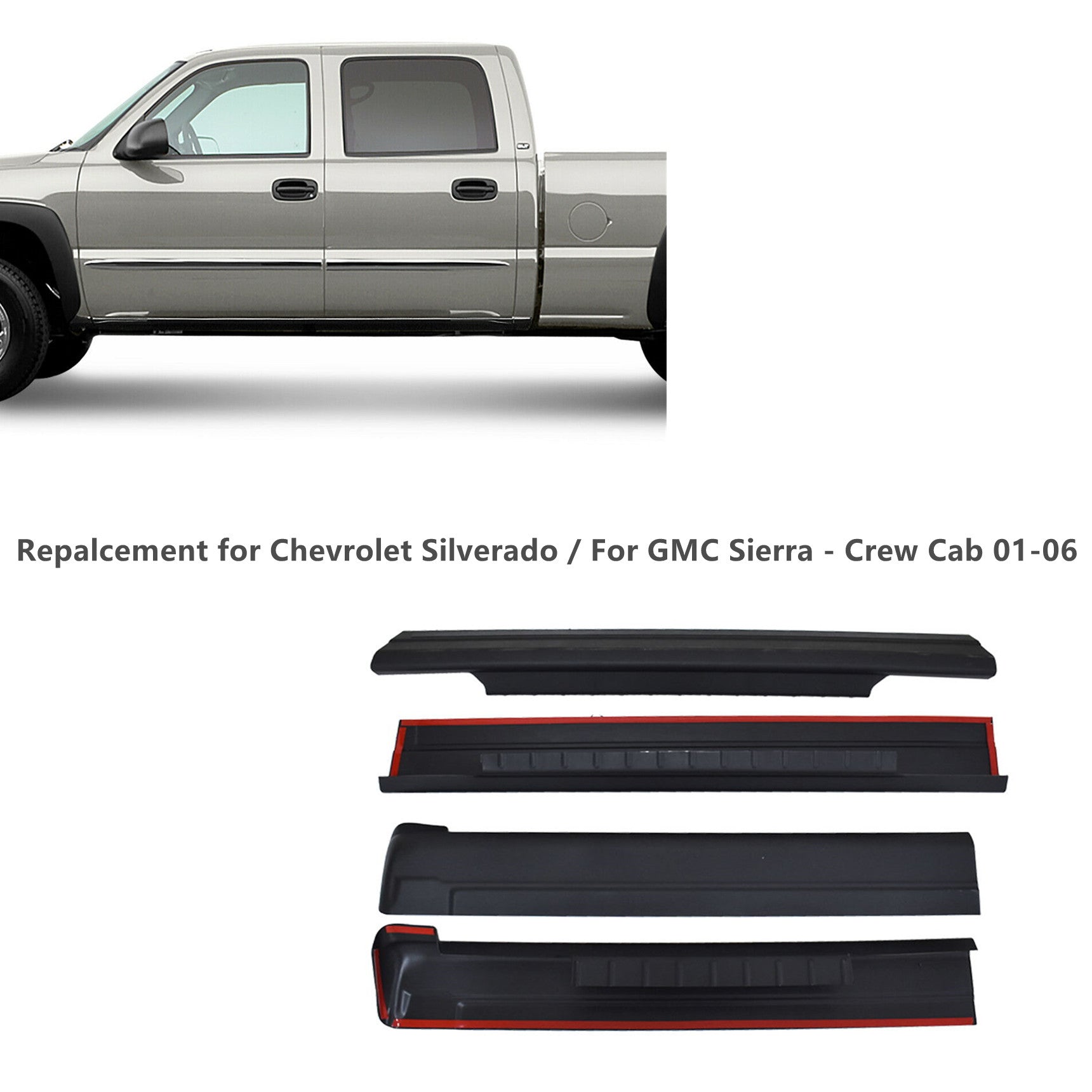 4 X For Chevrolet Silverado / Sierra Crew Cab Rocker Panel Guard Cover Trim