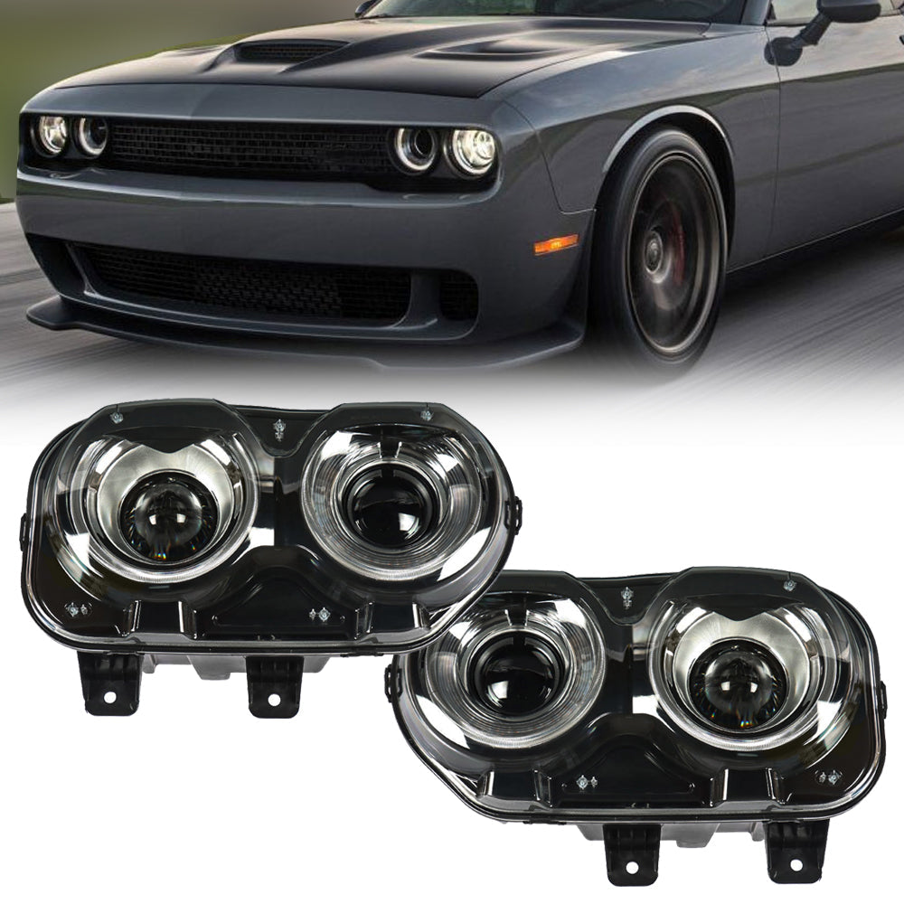 TOPPARTZ Headlamp For 2015-18 Dodge Challenger Black Halogen With LED Right&Left
