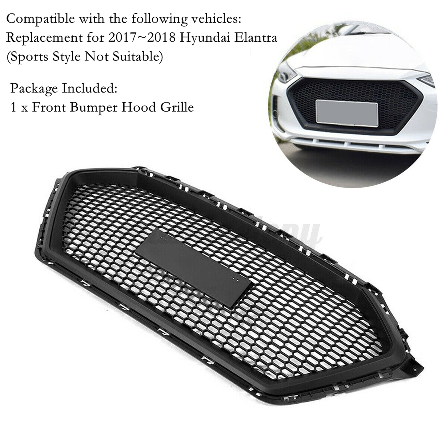 TOPPARTZ Front Plastic Grille Bumper For Hyundai Elantra 2017 2018 Black Honeycomb