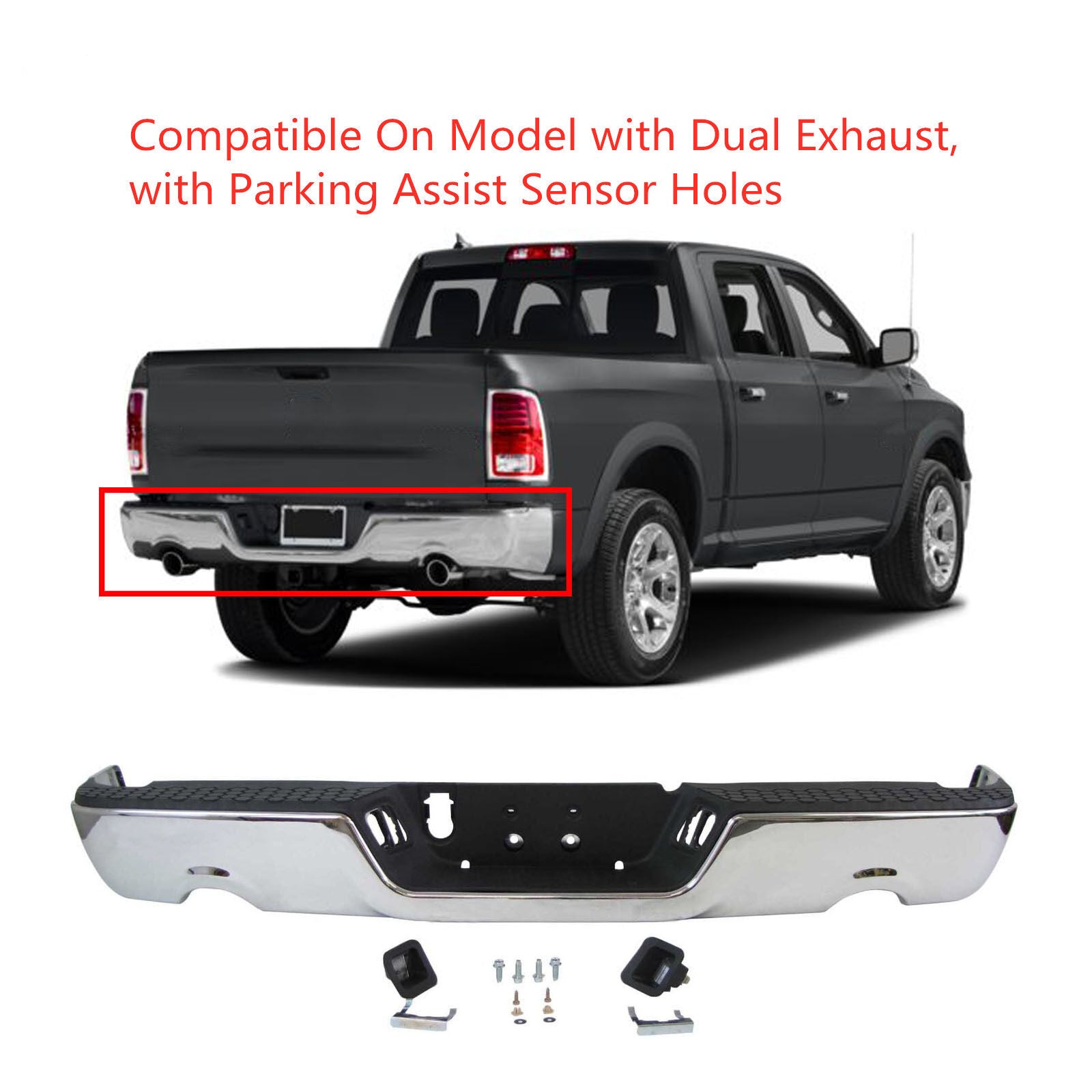 TOPPARTZ Steel Chrome Rear Step Bumper Assembly Replacement for 2009-2018 Dodge Ram 1500 with Parking Aid Sensor Holes CH1103118