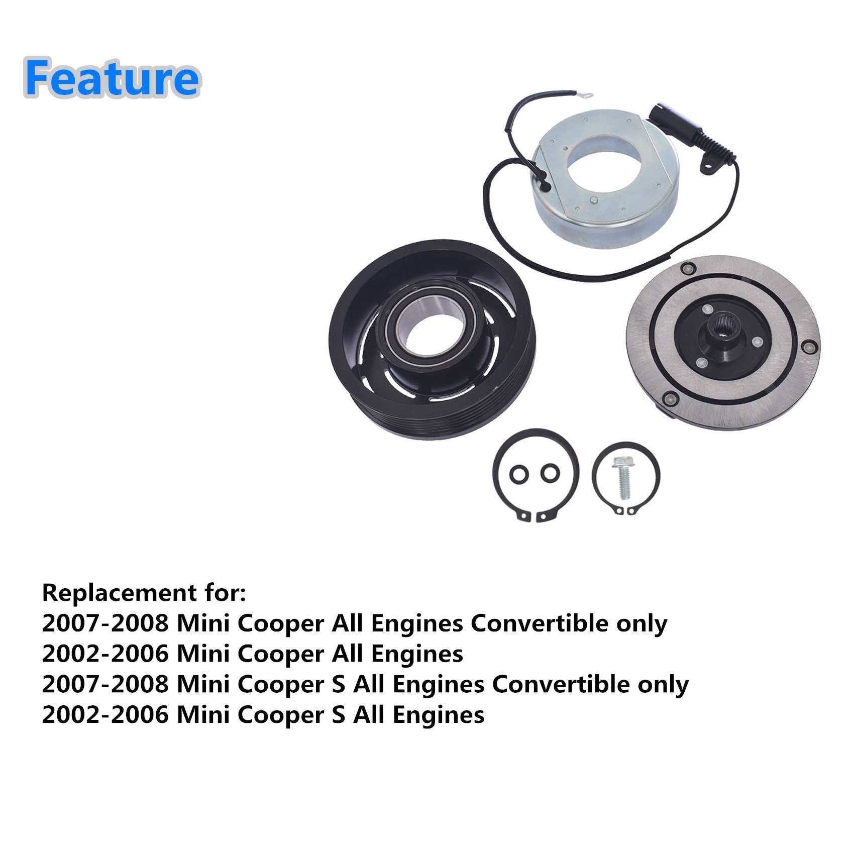 AC Compressor CVC Clutch Kit Pulley Coil For 02 - 08 Mini Cooper 6 Groove 1.6L