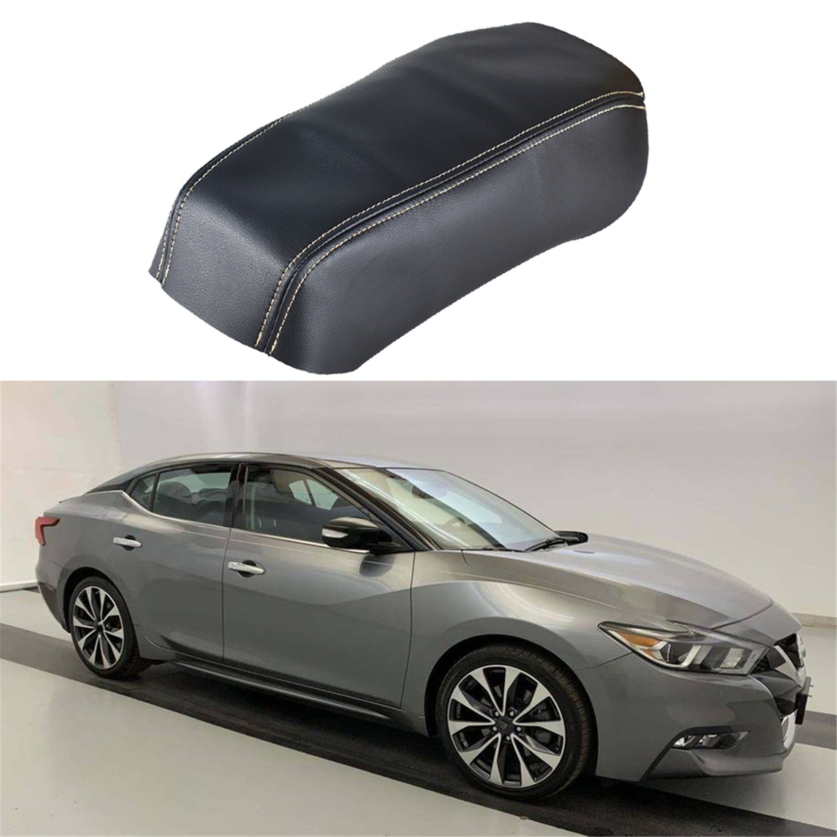 TOPPARTZ Black Center Console Armrest Leather Cover Beige Stitch For Nissan Maxima 16-19
