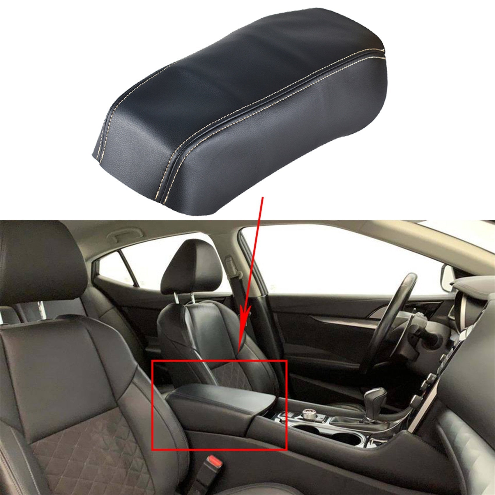 TOPPARTZ Black Center Console Armrest Leather Cover Beige Stitch For Nissan Maxima 16-19