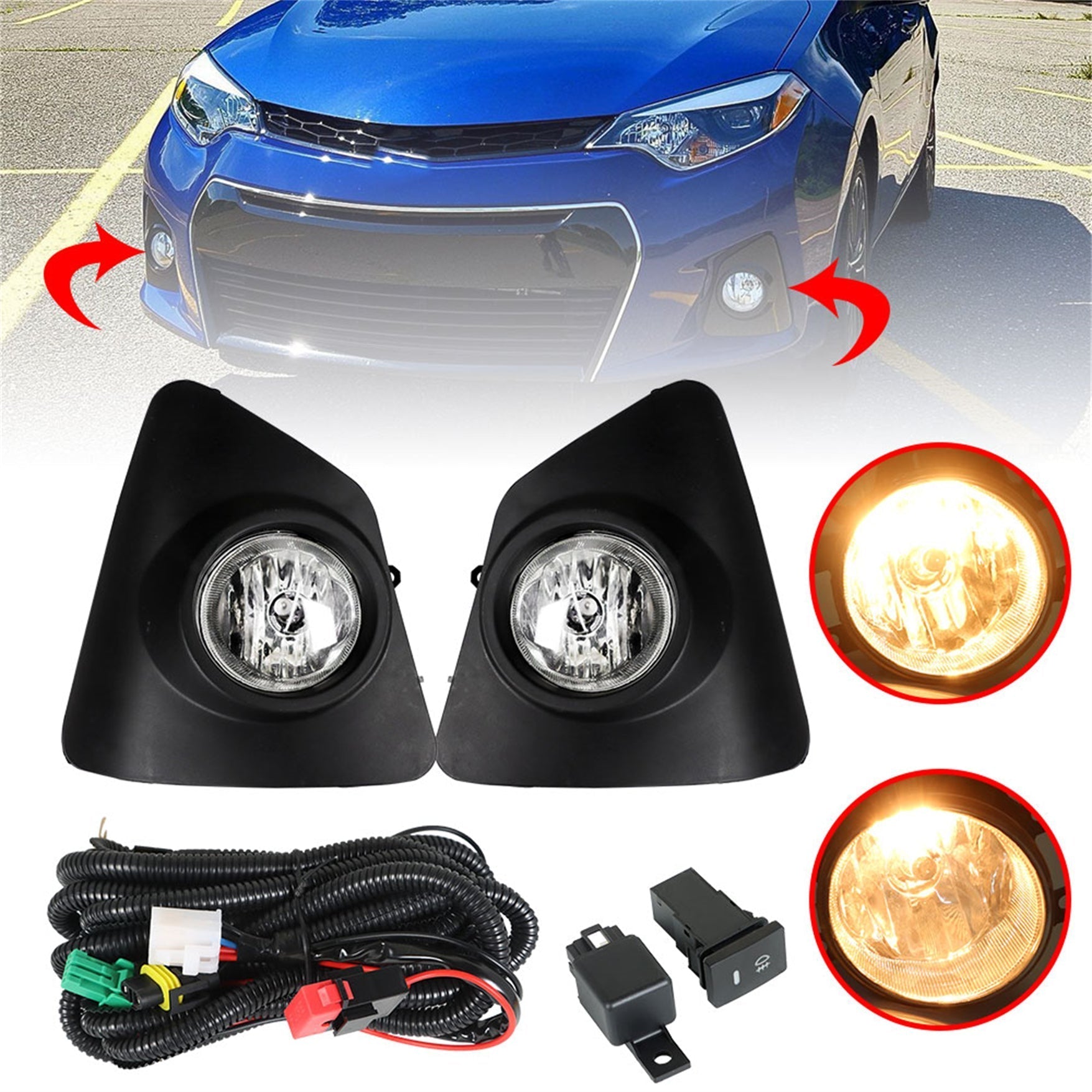 Fog Lights Lamps Front Bumper w/Bulbs Harness For 2014 2015 2016 Toyota Corolla