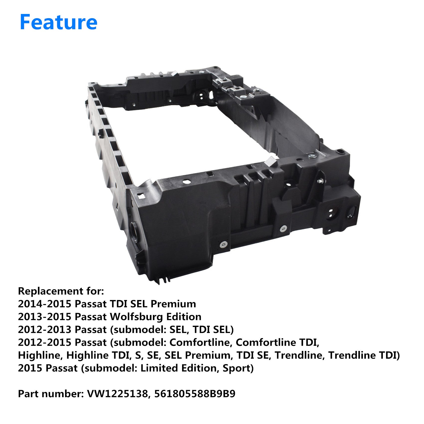 Radiator Support Assembly Black For 2012-2015 Volkswagen Passat