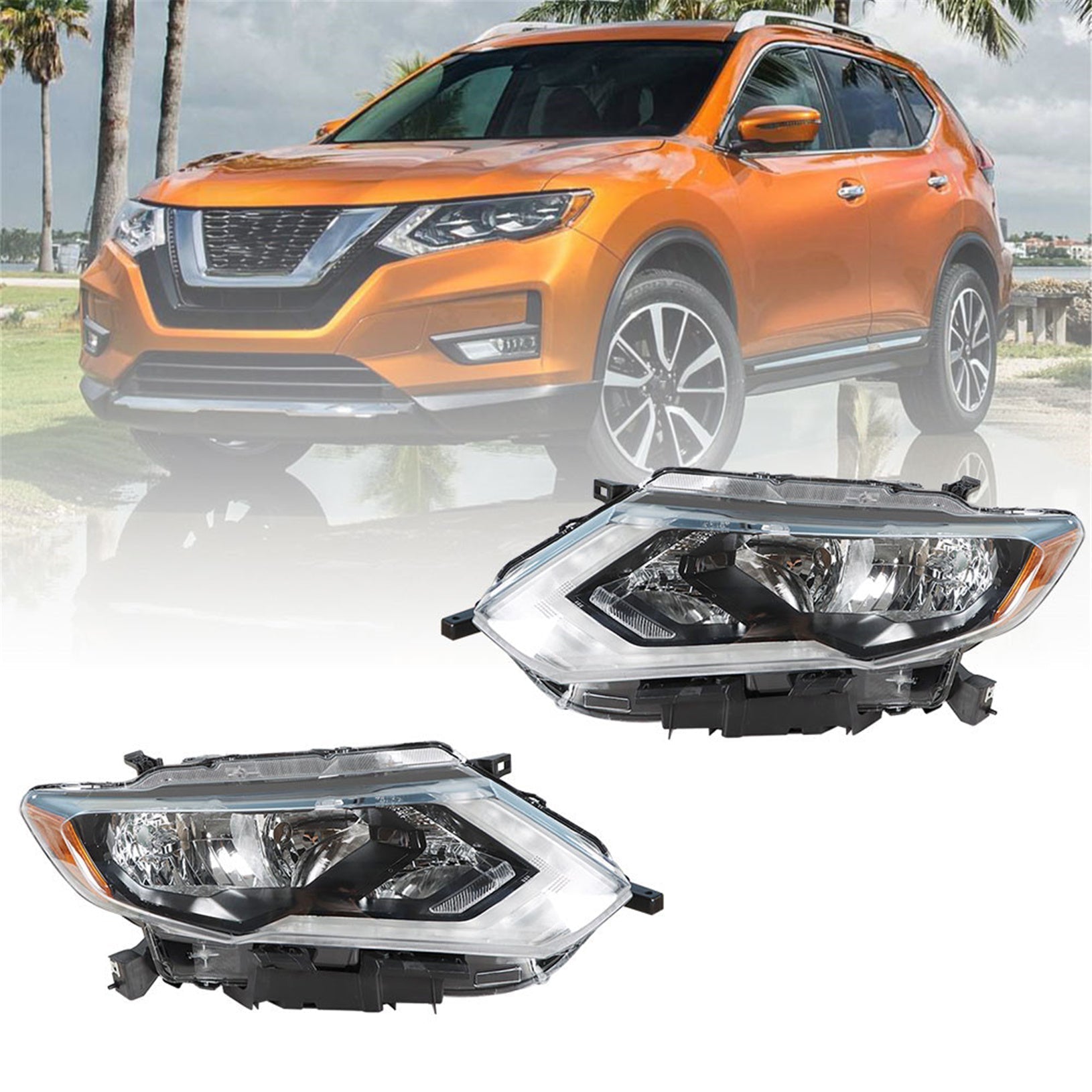 Headlamps For 2017-2019 Nissan Rogue Chrome Halogen Headlights Passenger&Driver
