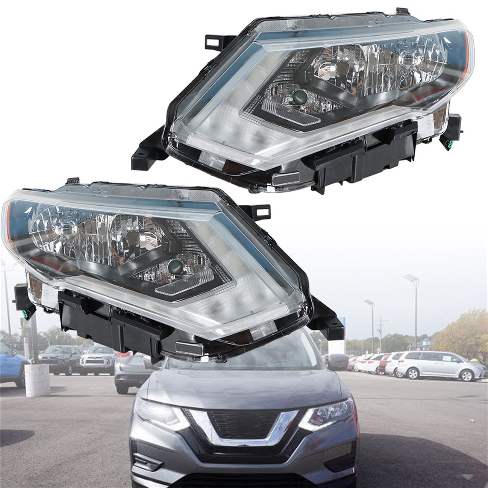 Headlamps For 2017-2019 Nissan Rogue Chrome Halogen Headlights Passenger&Driver