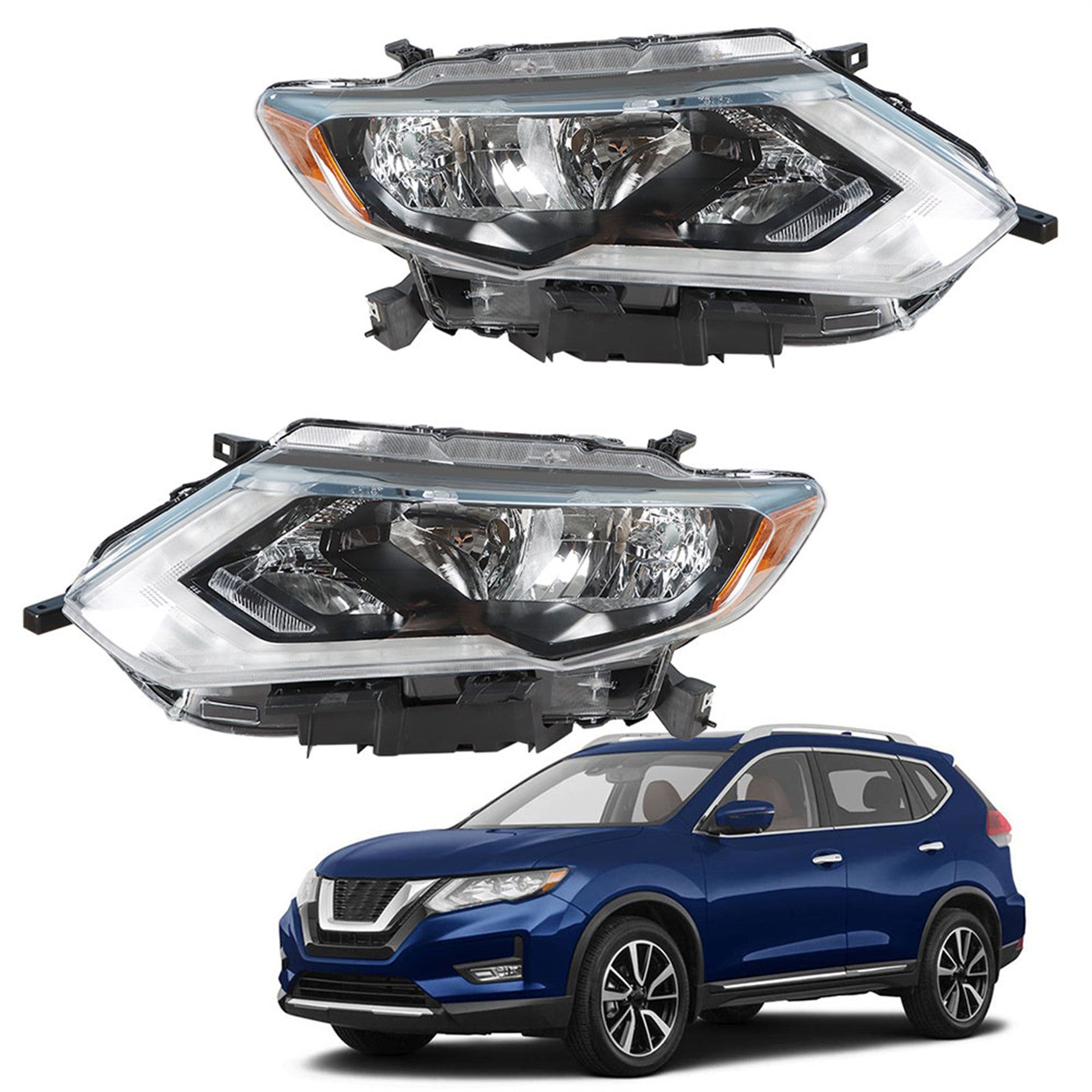 Headlamps For 2017-2019 Nissan Rogue Chrome Halogen Headlights Passenger&Driver