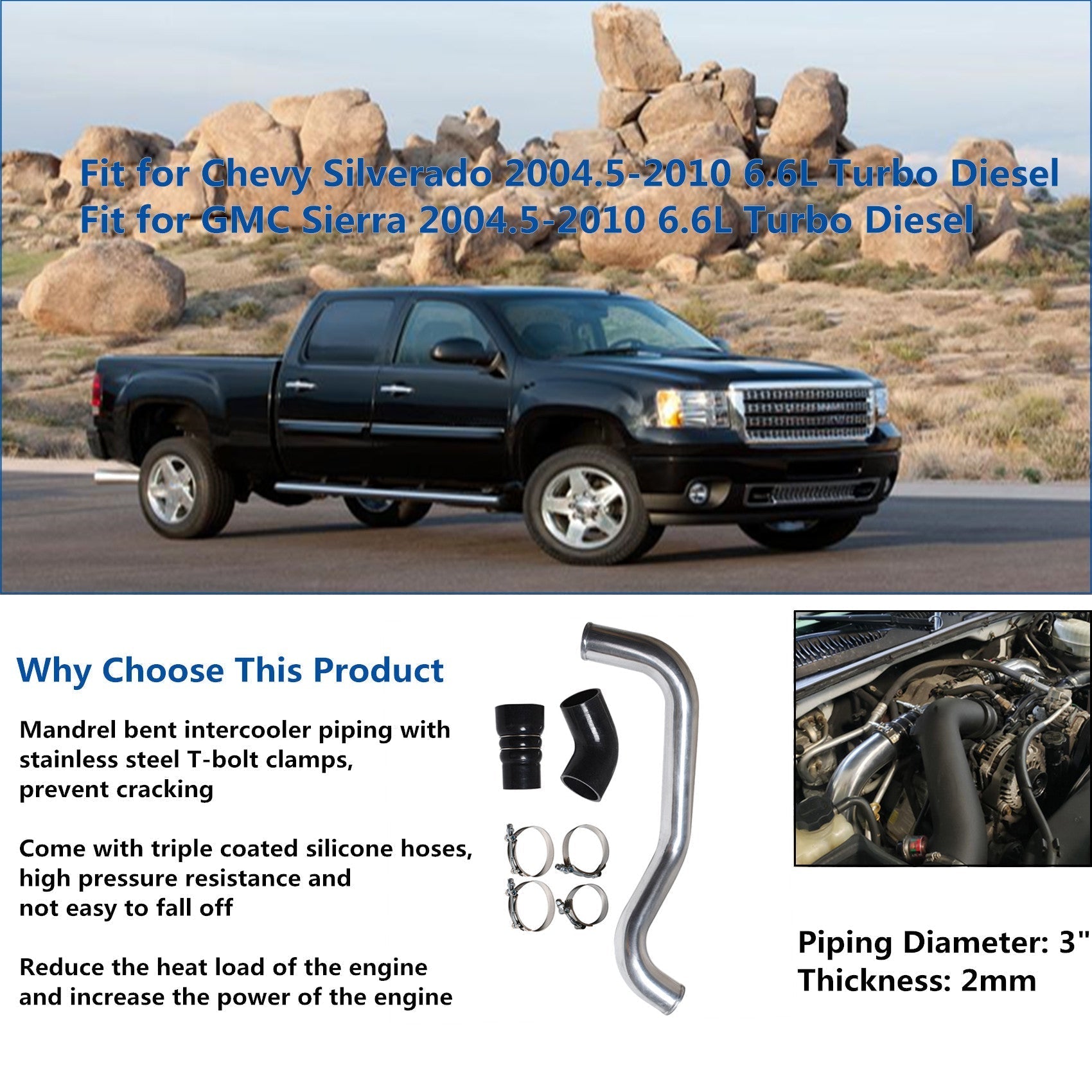 Hot Side Intercooler Pipe Kit For 04-10 Chevy GMC 6.6L Turbo Diesel LLY LBZ LMM