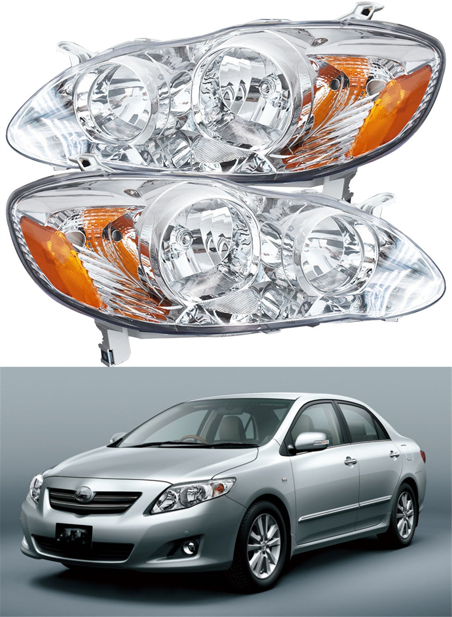 LH+RH Replacement Chrome Headlights Fit for 2003 Corolla Headlights 2003-2008