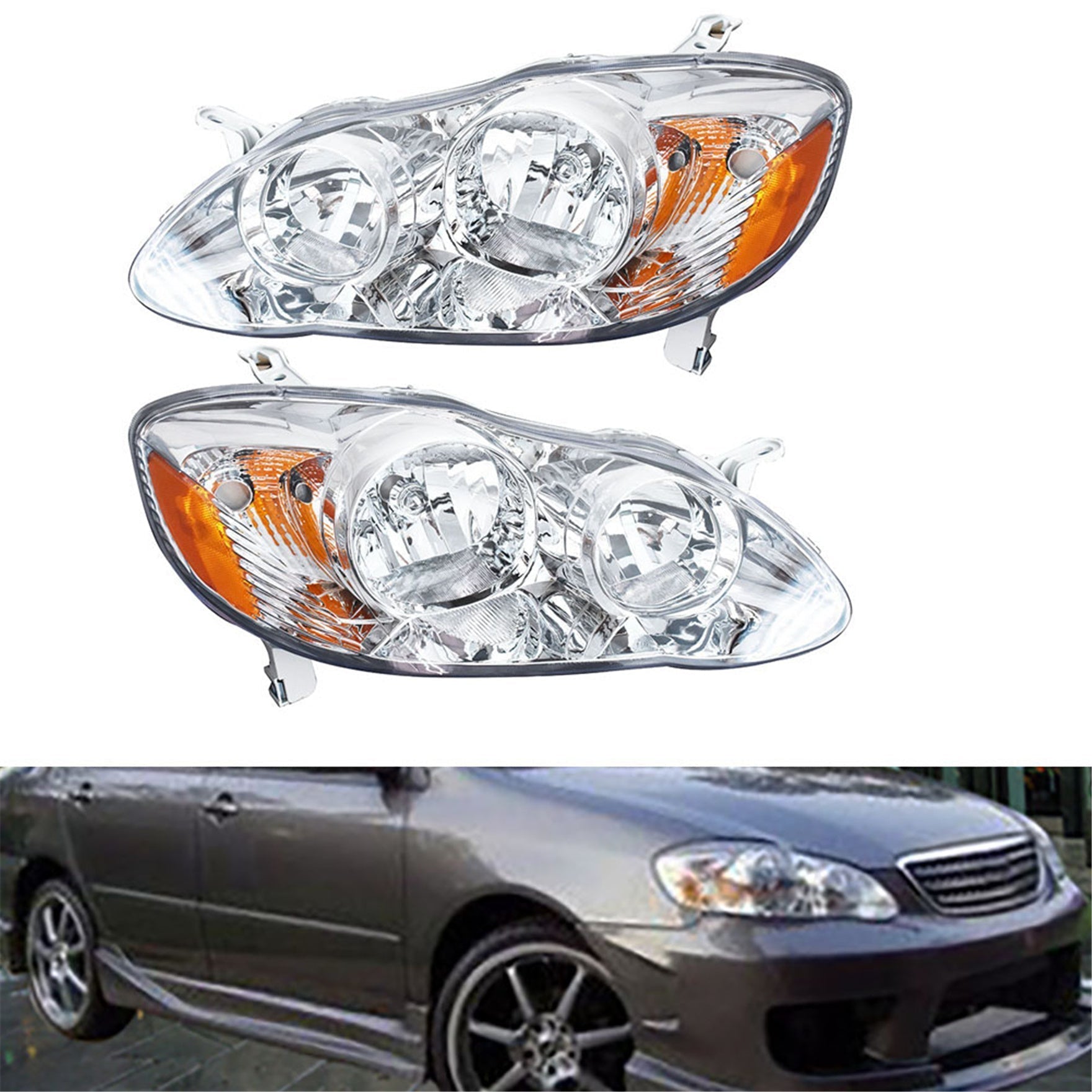 LH+RH Replacement Chrome Headlights Fit for 2003 Corolla Headlights 2003-2008