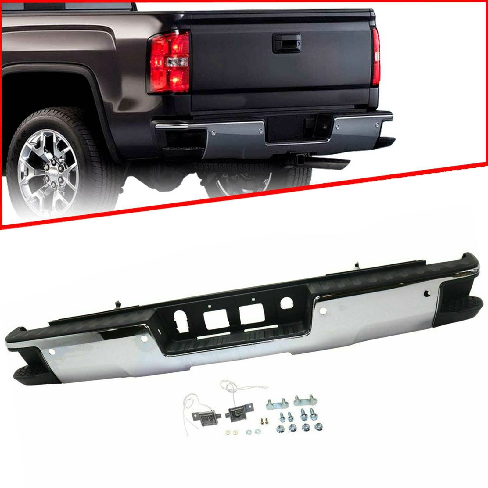 TOPPARTZ Chrome Rear Bumper Assembly W/Park For 2014 2015-2018 GMC Sierra 1500