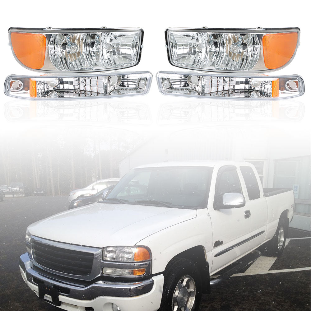 TOPPARTZ Headlamp For 1999-07 GMC Sierra 1500 & 2000-06 Yukon Chrome Housing Pair