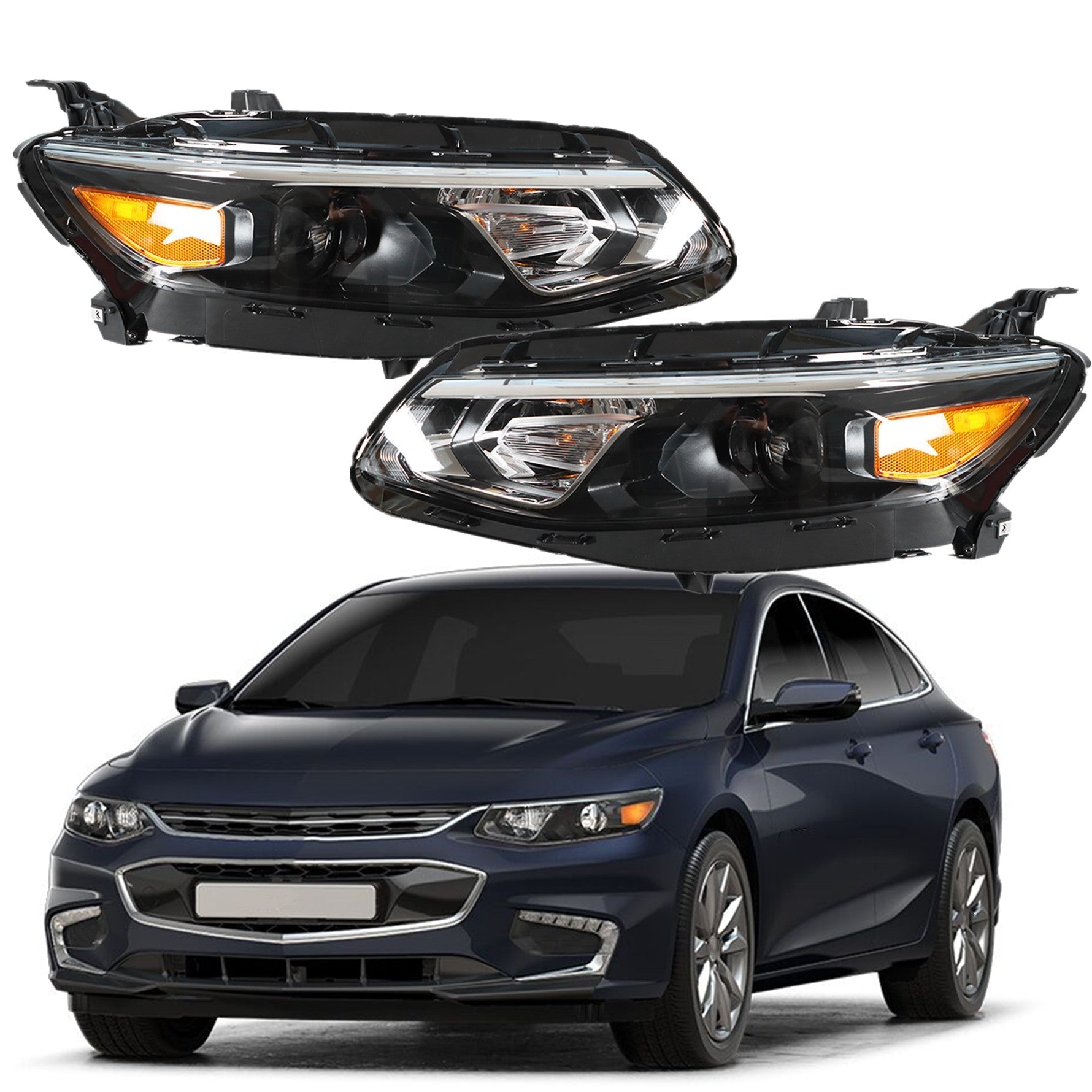 Pair Headlights Fit For 2016-2018 Chevy Malibu Black Housing Clear Lens Headlamp