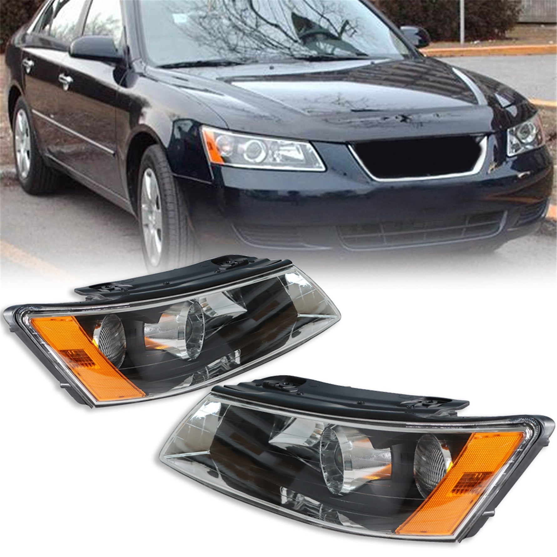 for 2006-2008 Hyundai Sonata Headlamps LH&RH Clear Lens Black Housing Headlights