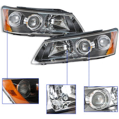 for 2006-2008 Hyundai Sonata Headlamps LH&RH Clear Lens Black Housing Headlights