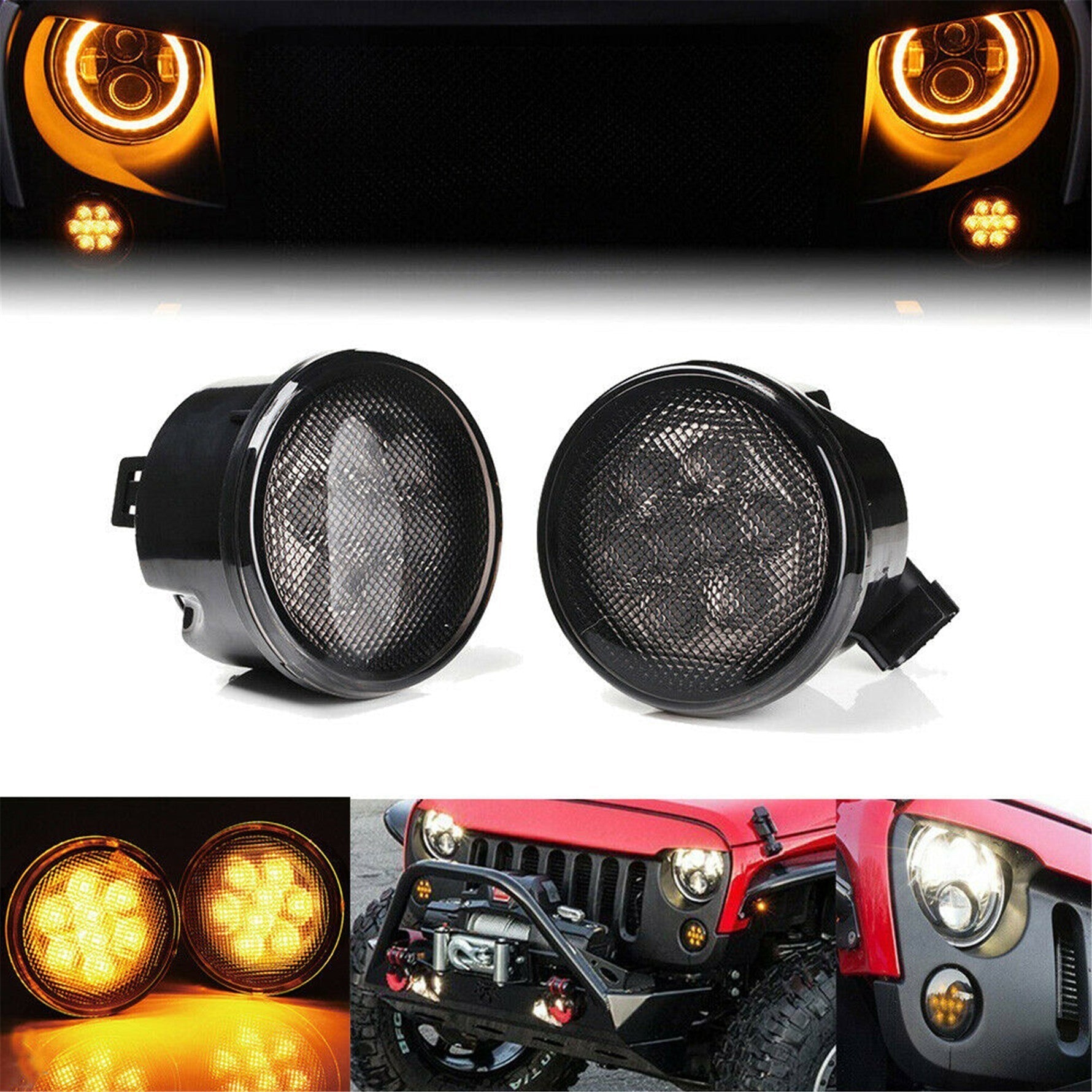 for Jeep Wrangler JK 2007-2018 (Smoke Lens) Front Amber LED Turn Signal Lights