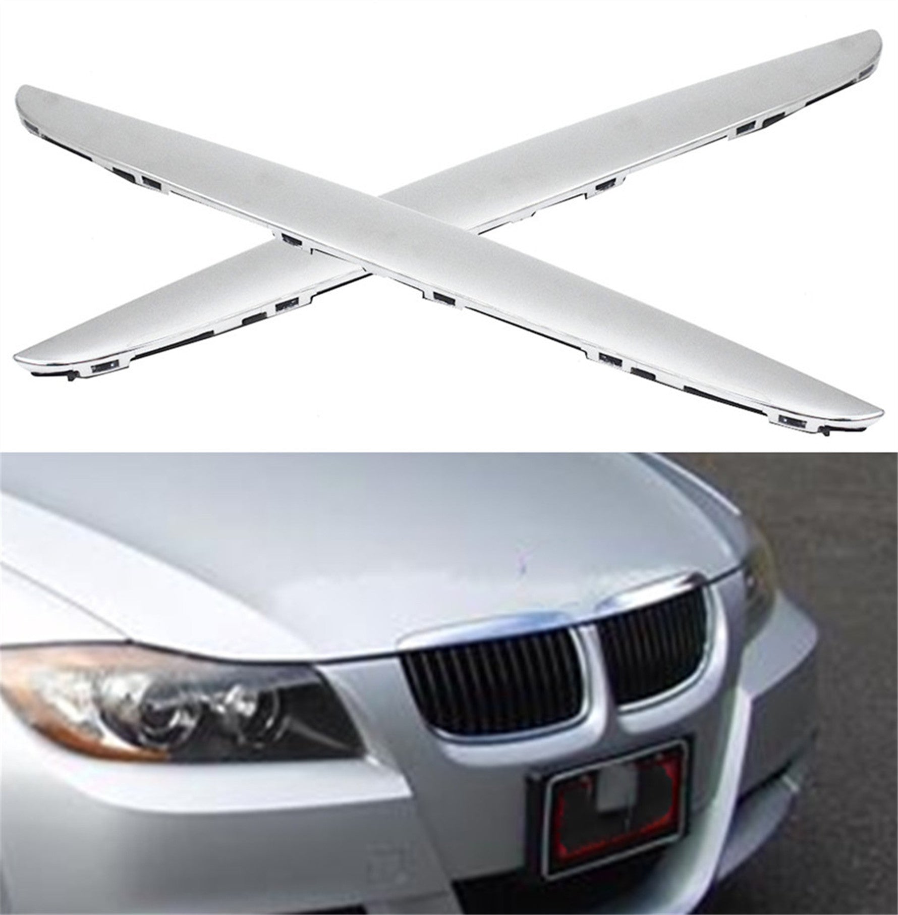 TOPPARTZ 2Pack Front Hood Chrome Cover Trim Above Grille fit for BMW E90 E91 3-Series 06-08