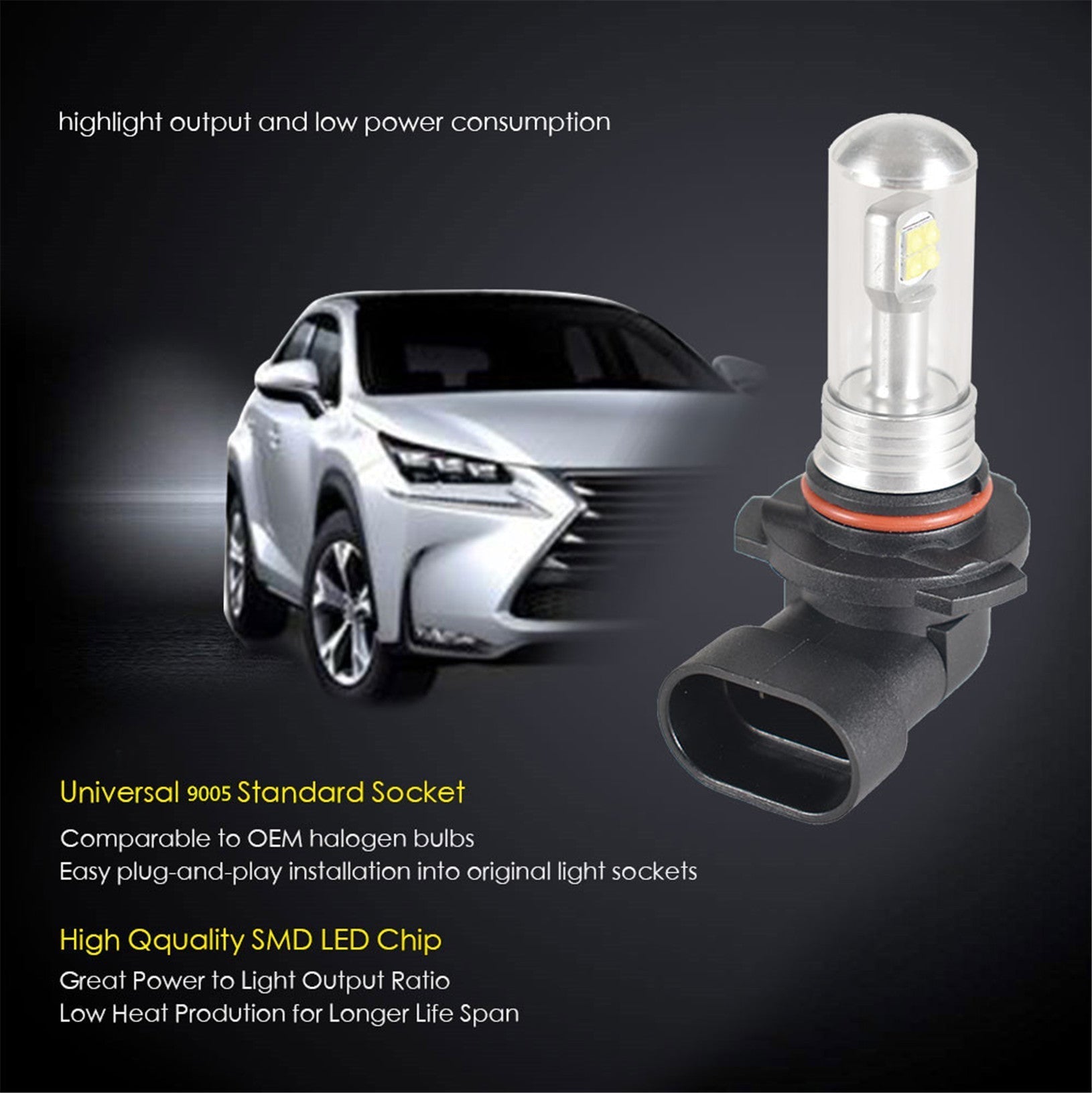 TOPPARTZ 9005 HB3 2 PCS LED Fog Light Bulbs High Power 80W 6000K White Replacement for Signal, Turn, Brake, Parking, Tail, DRL Fog Lights