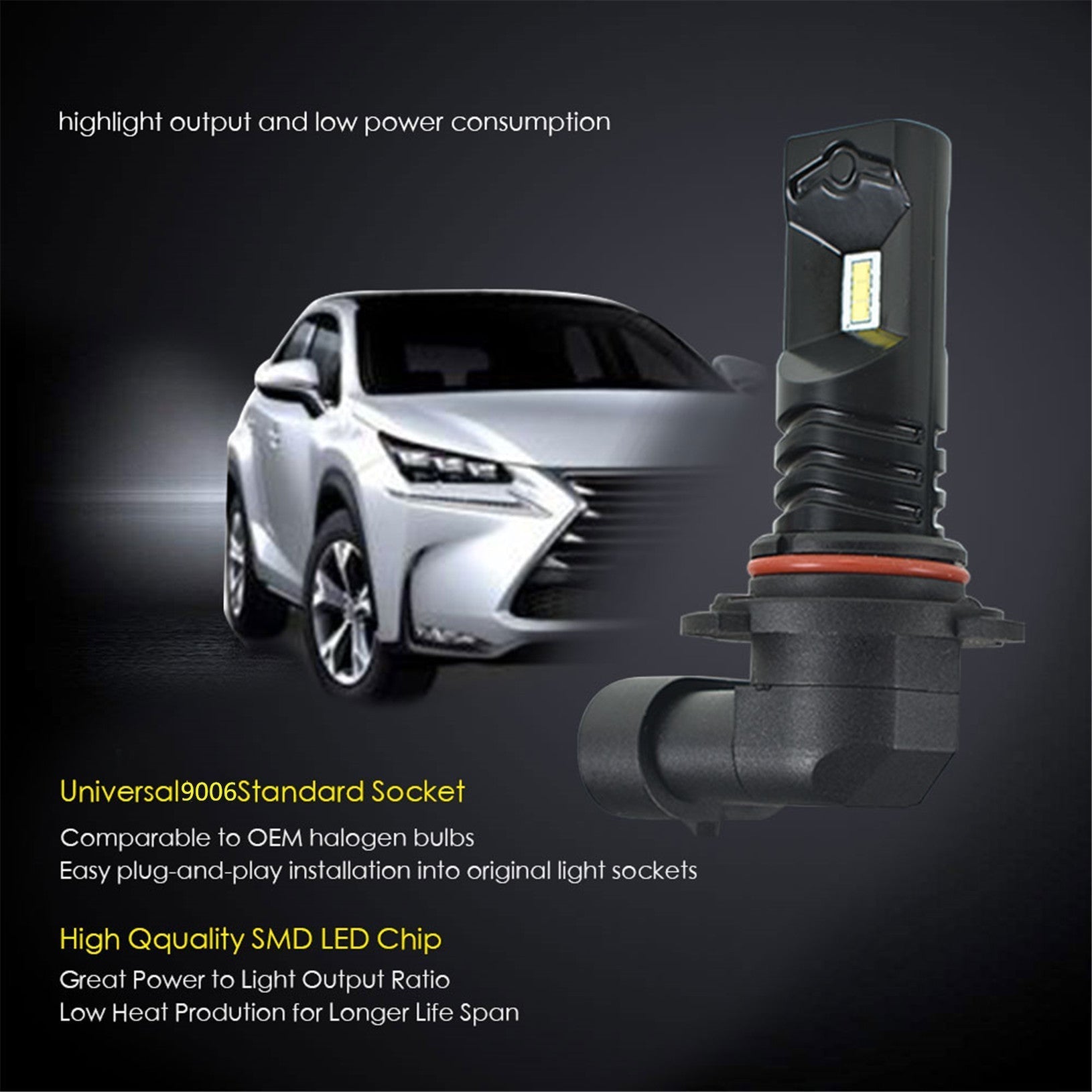 TOPPARTZ 9006 HB4 2 PCS LED Bulb Conversion Kit IP68 Waterproof 6500K White Illumination 3200LM/Pair LED Fog Light Bulbs