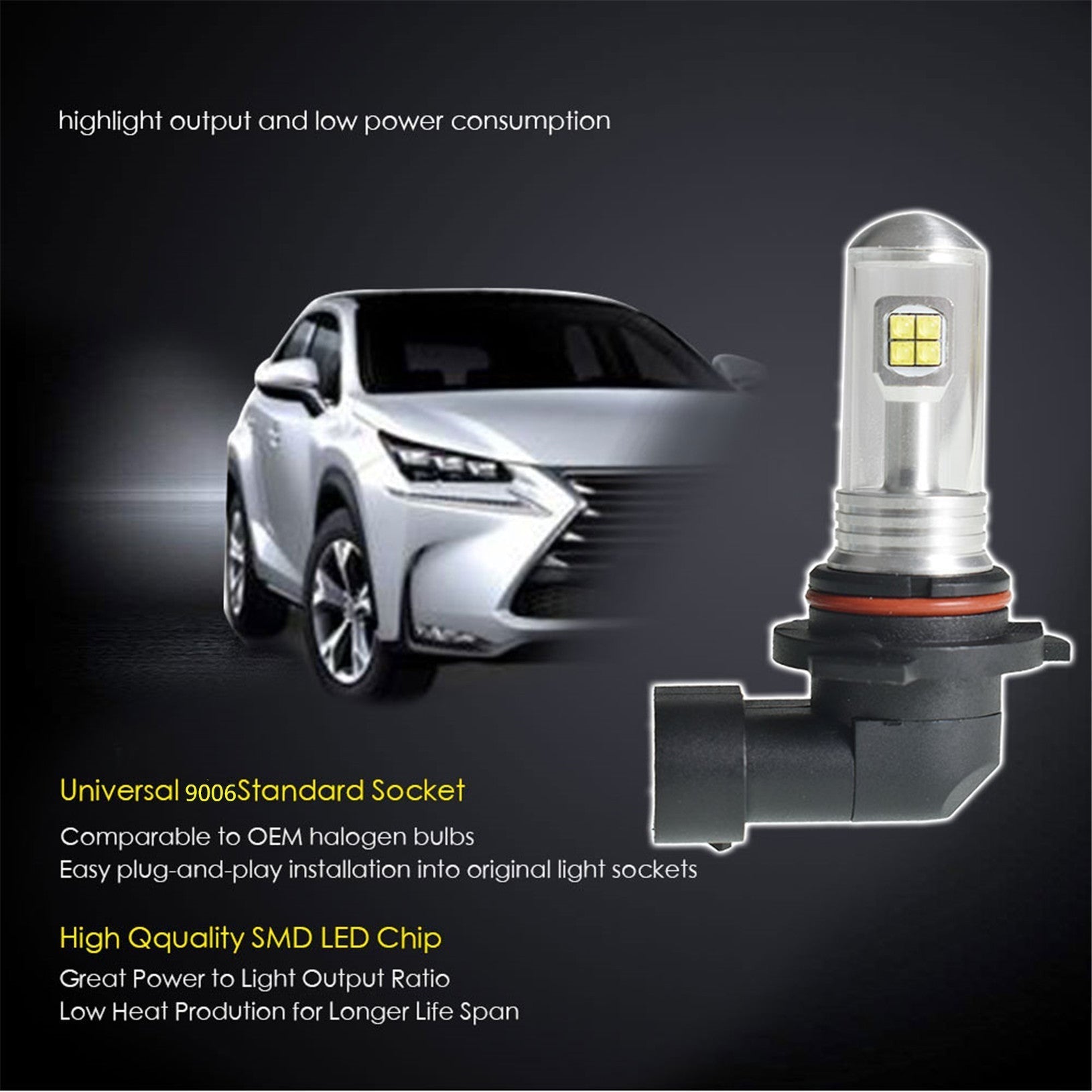 TOPPARTZ 9006/HB4 PCS LED Bulb Conversion Kit IP67 Waterproof 6000K Daytime White Illumination 1500LM/Pair LED Fog Light Bulbs