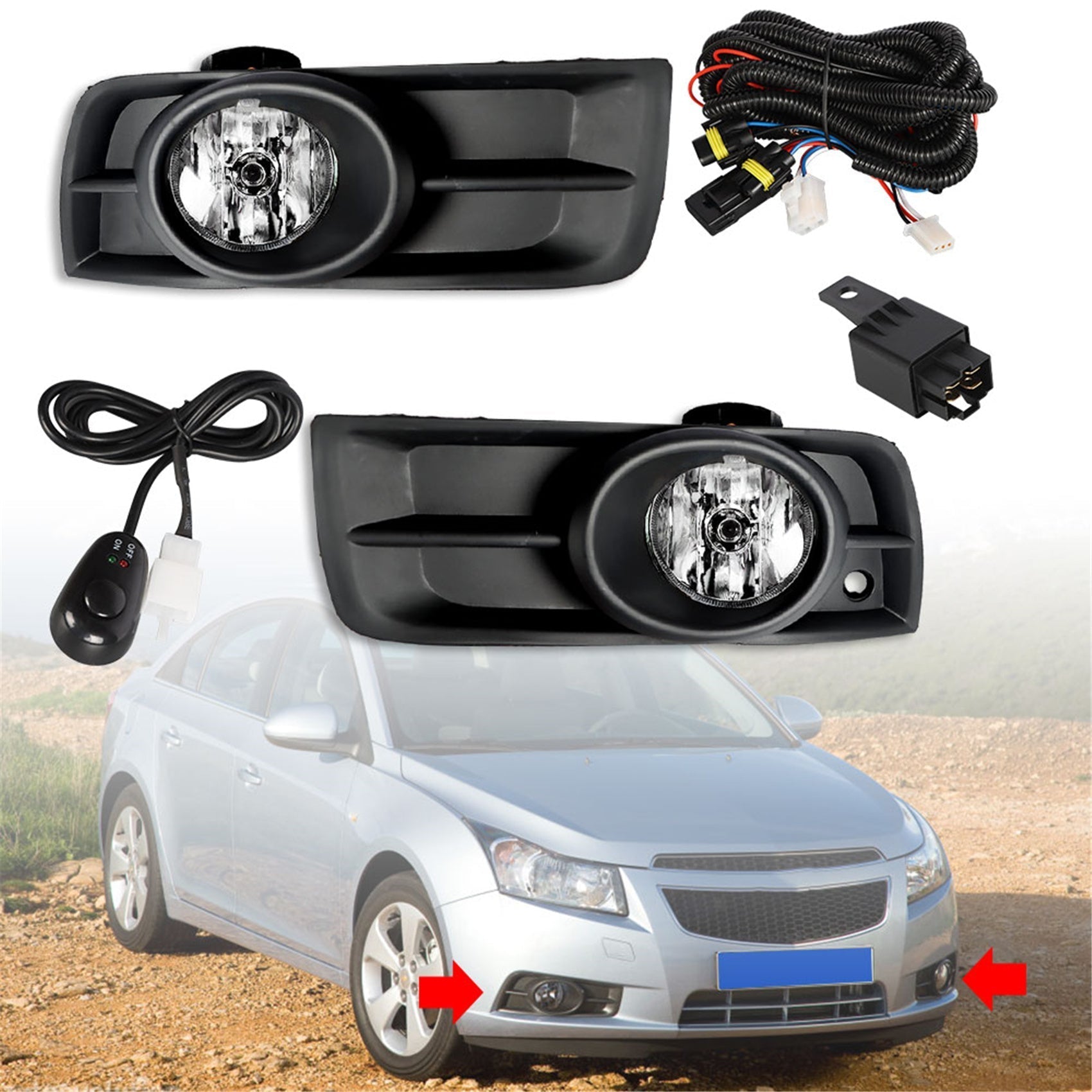 TOPPARTZ Fog Lights Assembly for 2010 2011 2012 2013 2014 Chevy Cruze Bumper Fog Lamp + Wiring Switch Left+Right Side (Passenger & Driver Side)