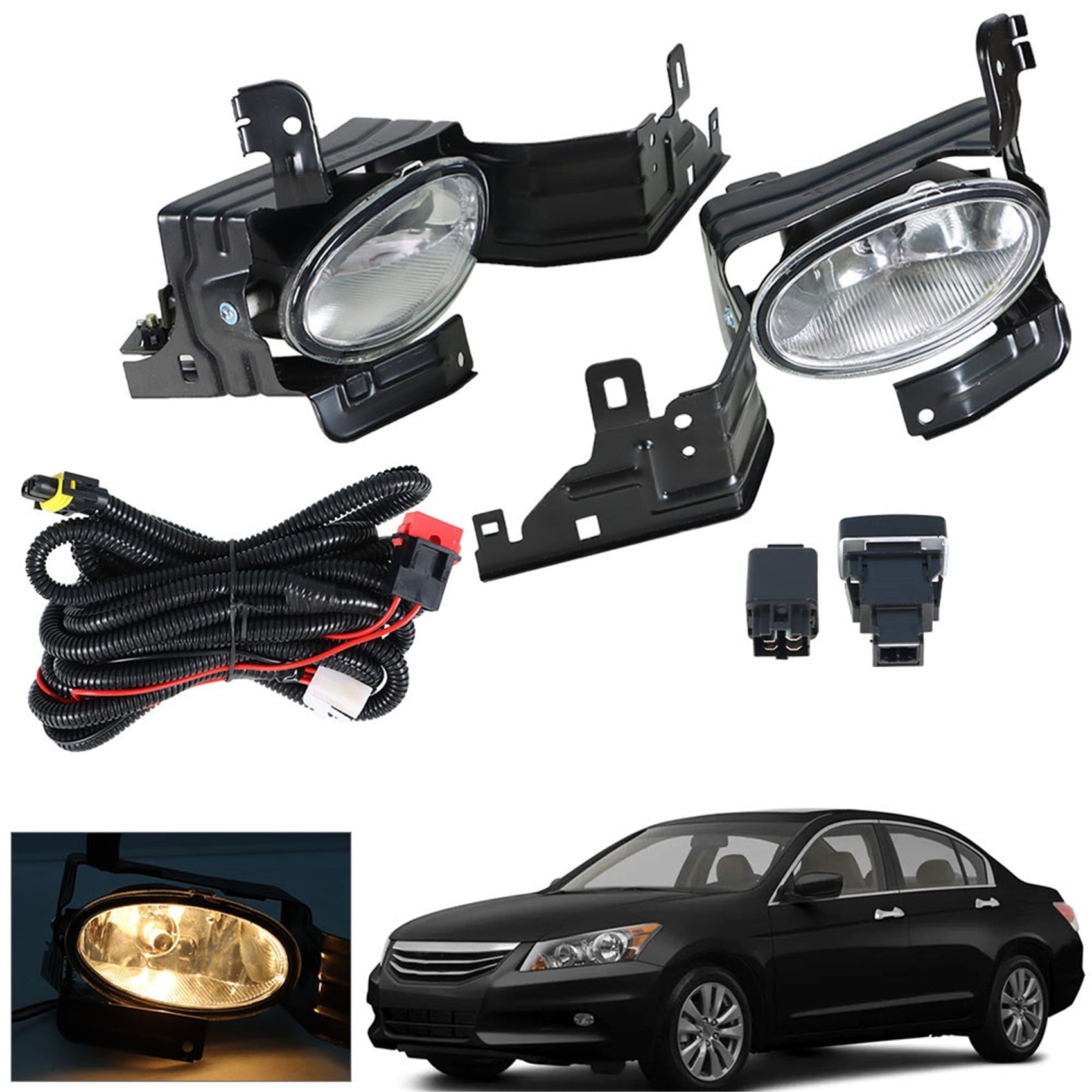 TOPPARTZ Fog Lights Assembly Replacement for 2011 2012 Honda Accord Sedan Clear Lens Bumper Fog Lamp Left+Right Side(Bulbs+Bezel+Switch)