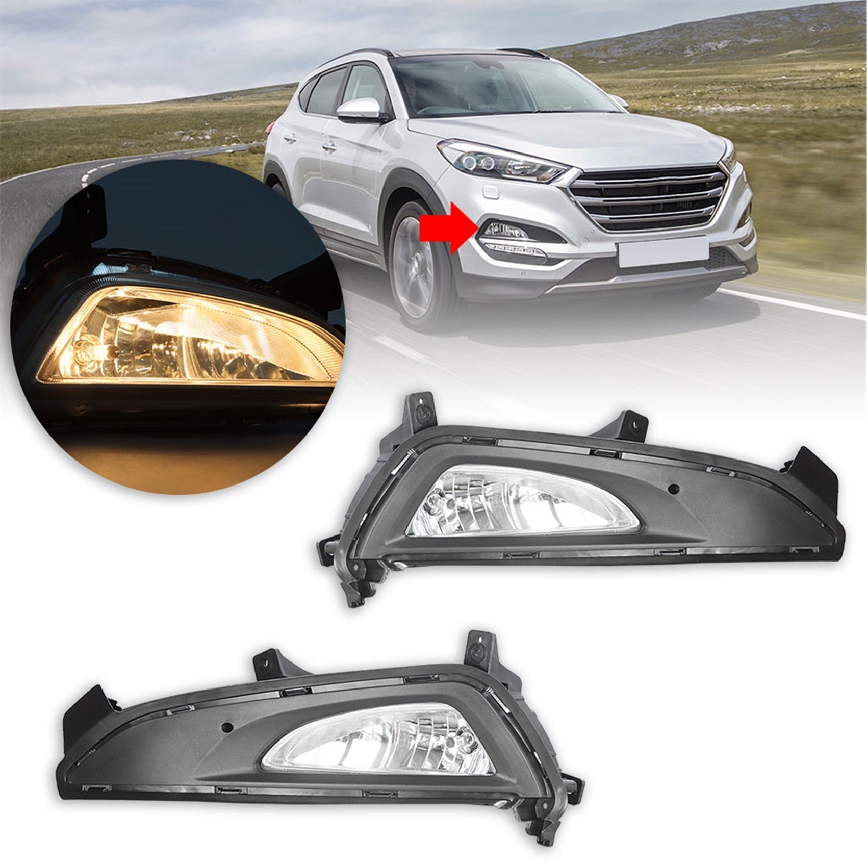 TOPPARTZ Foglight Assembly Replacement for 2016 2017 2018 Hyundai Tucson Clear Lens Bumper Fog Lamp Left+Right Side (Passenger & Driver Side)