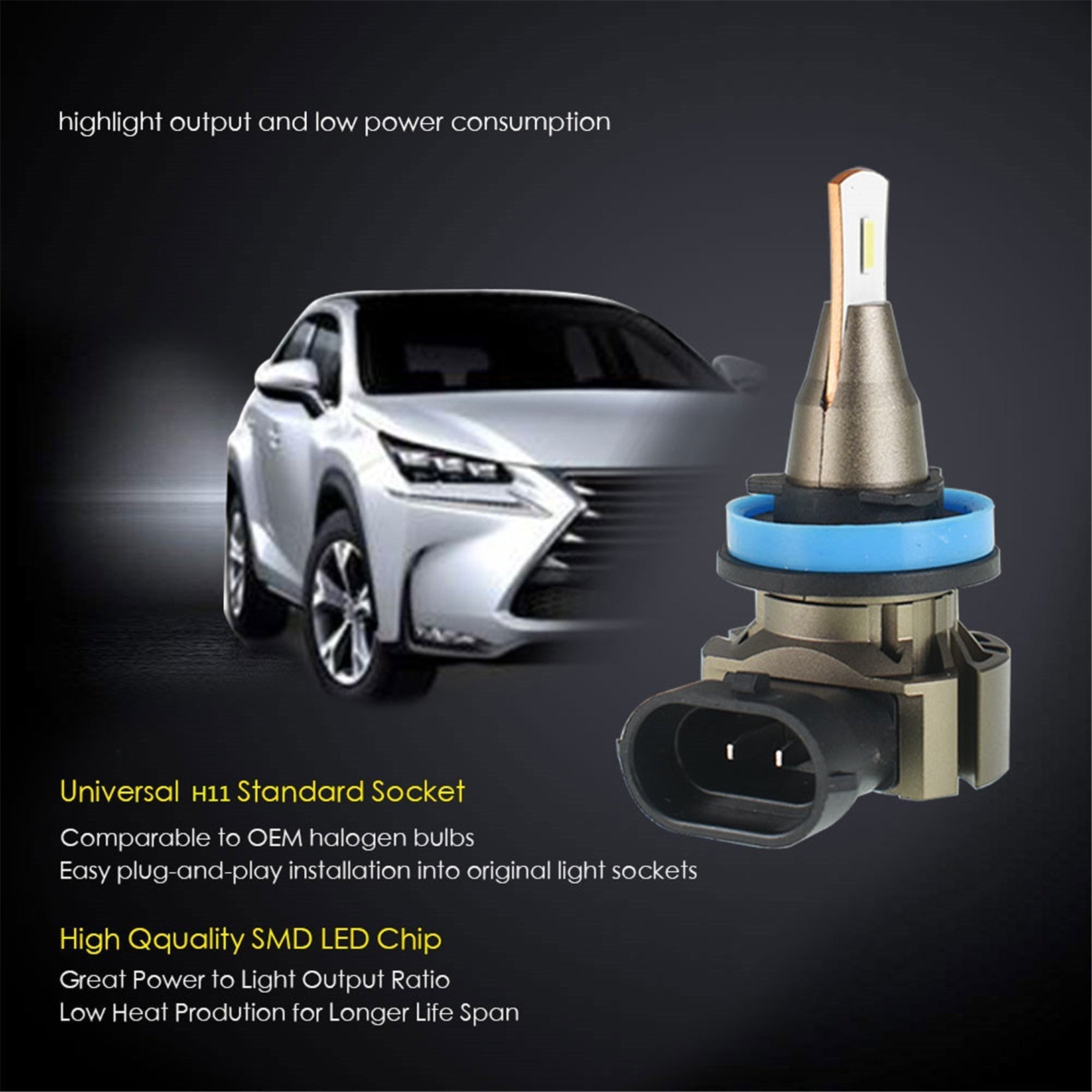 TOPPARTZ H11 LED Fog Light Bulbs 6000K 3000LM 30W Bright Fog Light LED Conversion Kit, Pack of 2