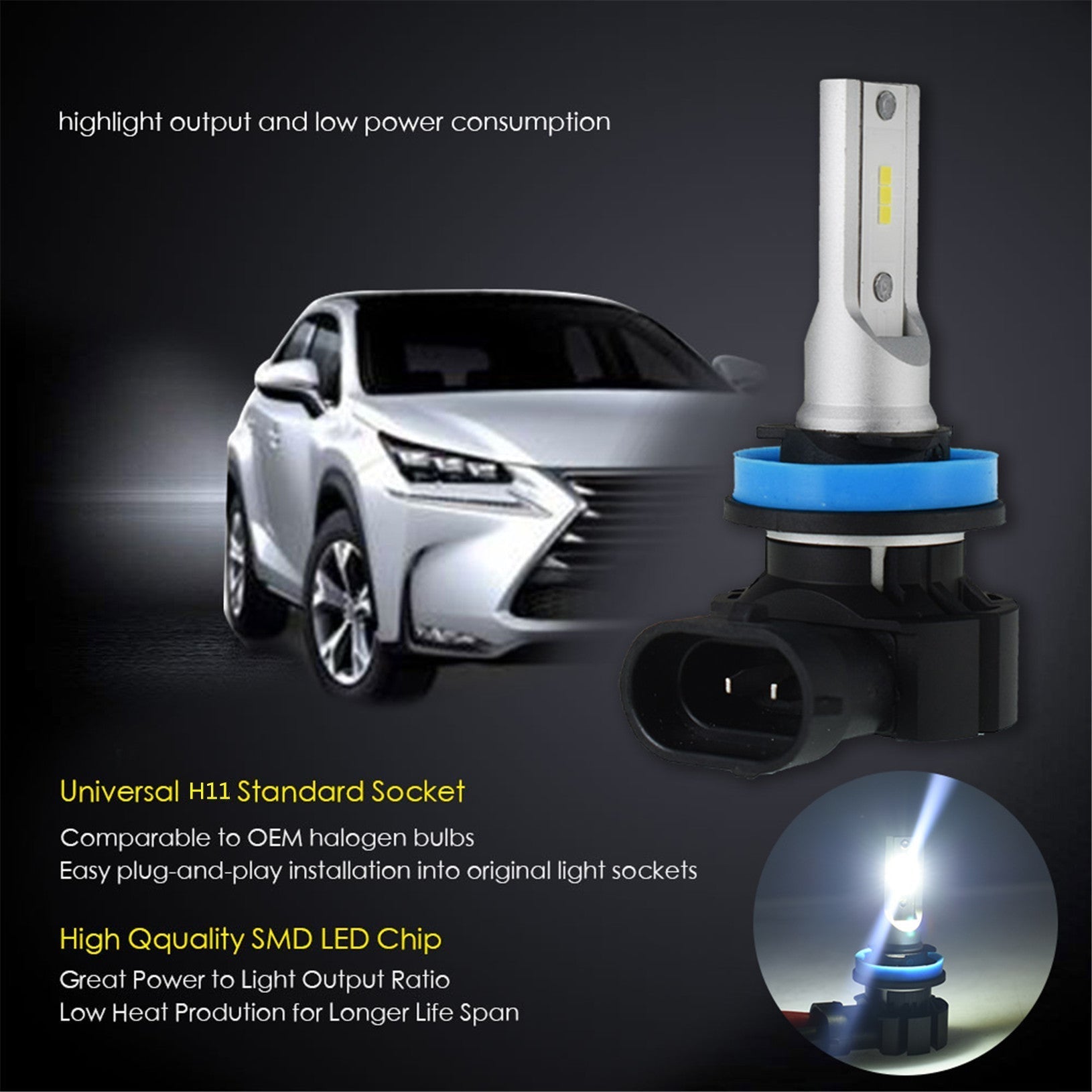 TOPPARTZ H11 LED Fog Light Bulbs 6000K 3000LM 30W Fog Light LED Conversion Kit, Pack of 2