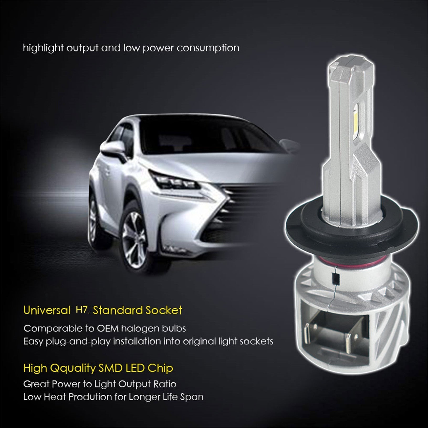 TOPPARTZ H7 2 PCS LED Bulb Conversion Kit IP67 Waterproof 6000K White Illumination 10000LM/Pair LED Fog Light Bulbs