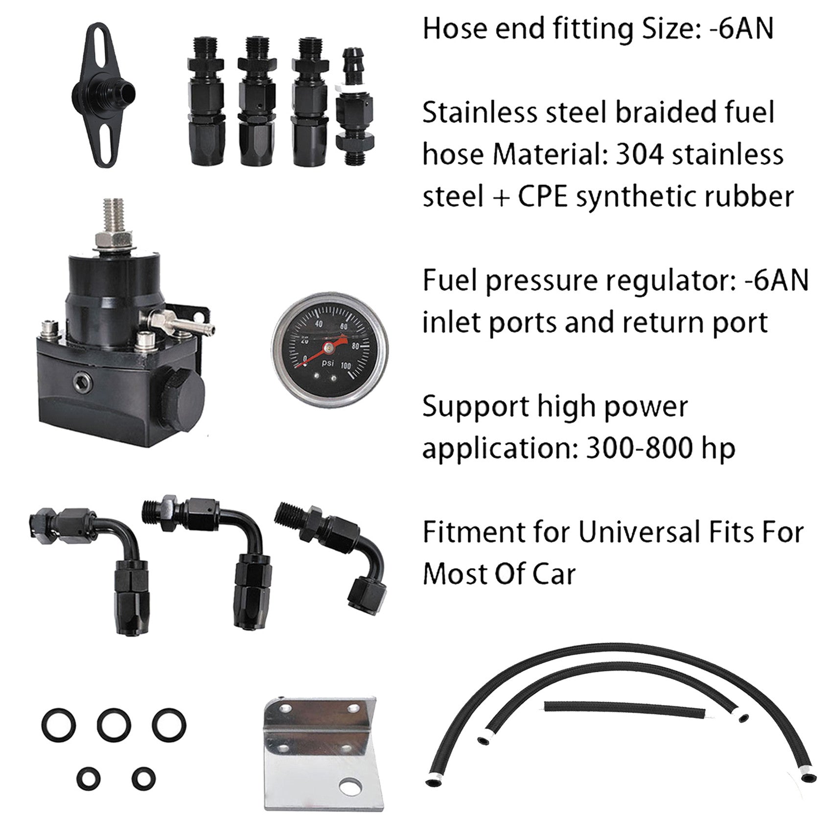 TOPPARTZ Universal Adjustable Fuel Pressure Regulator Kit with 0-100 Psi Pressure Gauge AN-6 Fuel Line Hose Fitting Connectors Kit Black