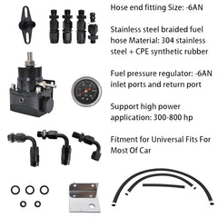 TOPPARTZ Universal Adjustable Fuel Pressure Regulator Kit with 0-100 Psi Pressure Gauge AN-6 Fuel Line Hose Fitting Connectors Kit Black