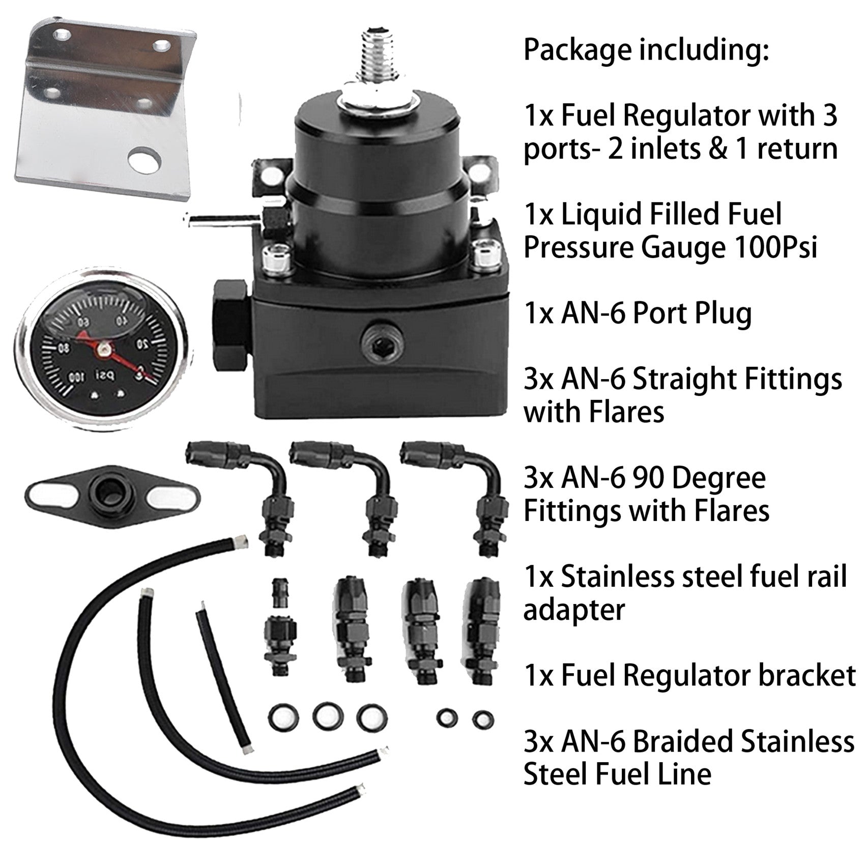 TOPPARTZ Universal Adjustable Fuel Pressure Regulator Kit with 0-100 Psi Pressure Gauge AN-6 Fuel Line Hose Fitting Connectors Kit Black