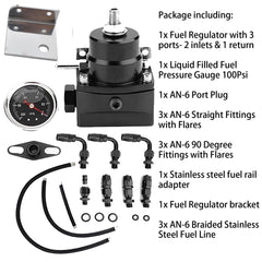 TOPPARTZ Universal Adjustable Fuel Pressure Regulator Kit with 0-100 Psi Pressure Gauge AN-6 Fuel Line Hose Fitting Connectors Kit Black