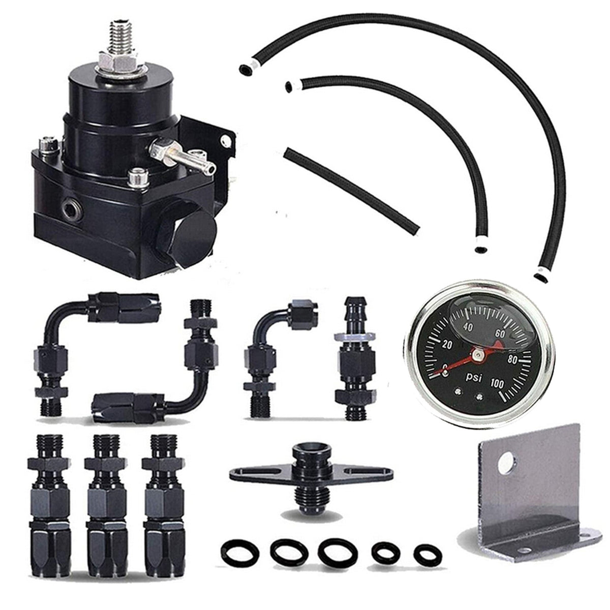 TOPPARTZ Universal Adjustable Fuel Pressure Regulator Kit with 0-100 Psi Pressure Gauge AN-6 Fuel Line Hose Fitting Connectors Kit Black