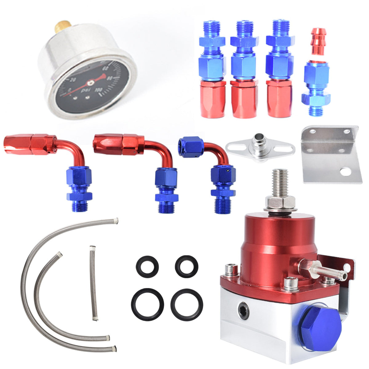 TOPPARTZ Universal Adjustable Red Fuel Pressure Regulator KIT 100psi Guage AN6 Fitting